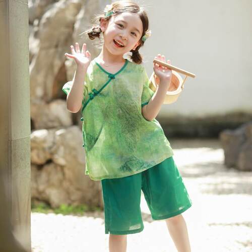 儿童汉服夏季棉麻轻薄女童中国风套装短袖短裤宝宝唐装女孩夏装