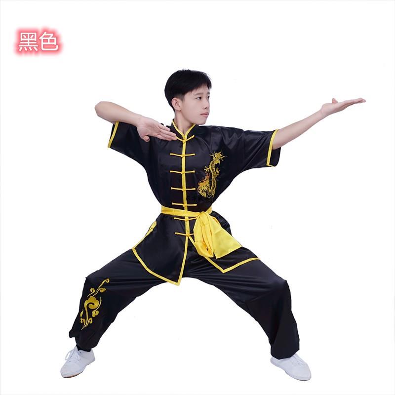 夏季短袖贡缎彷真丝女男款刺绣龙武术表演服长拳服武术服装包邮