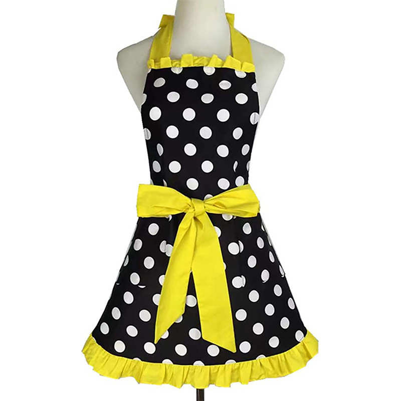 棉围裙格子拼接波点条纹棉布双层裙摆蝴蝶结服务员工作服围裙
