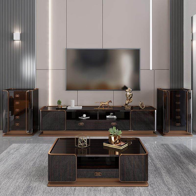 后现代黑檀木纹钢琴烤漆茶几电视柜别墅样板间大理石地柜轻奢风