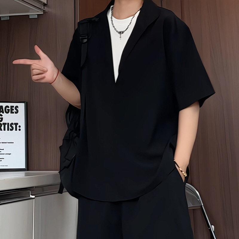 男士夏季轻熟风宽松穿搭老钱风假两件T恤冰感翻领短袖休闲衬衫男