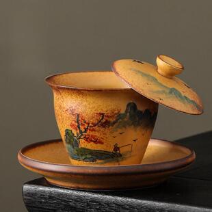 手绘柴烧可悬停旋转三才盖碗茶杯马蹄覆古单个高档喝泡茶功夫茶具