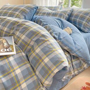 全棉床上四件套纯棉2025新款 简约格子被套床单宿舍三件套床笠