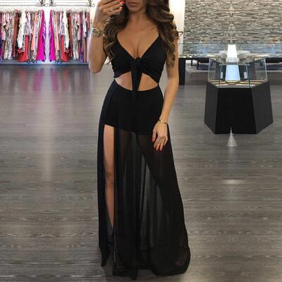 Women Sexy Beach Bikini Cover-Ups Dresses Summer Solid V-Nec