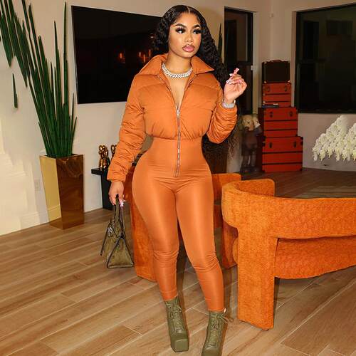 Casual Solid Color Zip Up Puffer Jacket Fitted Spandex