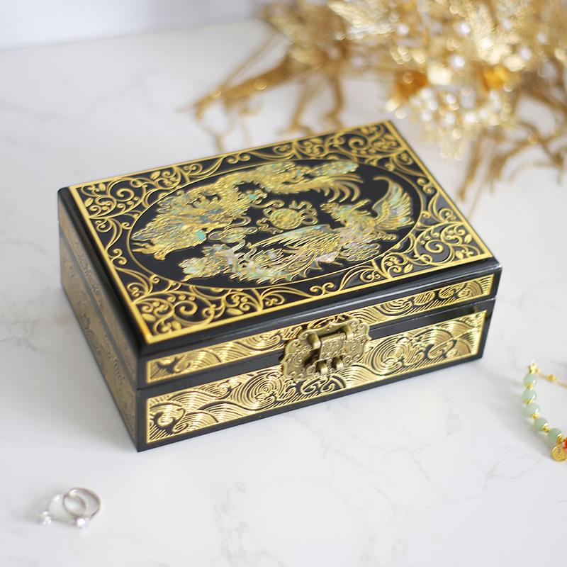 高档锁平遥推光钿漆器螺贝壳镶嵌首饰盒质高档收纳盒中式带珠木宝