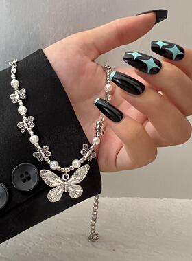 butterfly Pearl necklace women珍珠锁骨炼覆古蝴蝶吊坠项炼女
