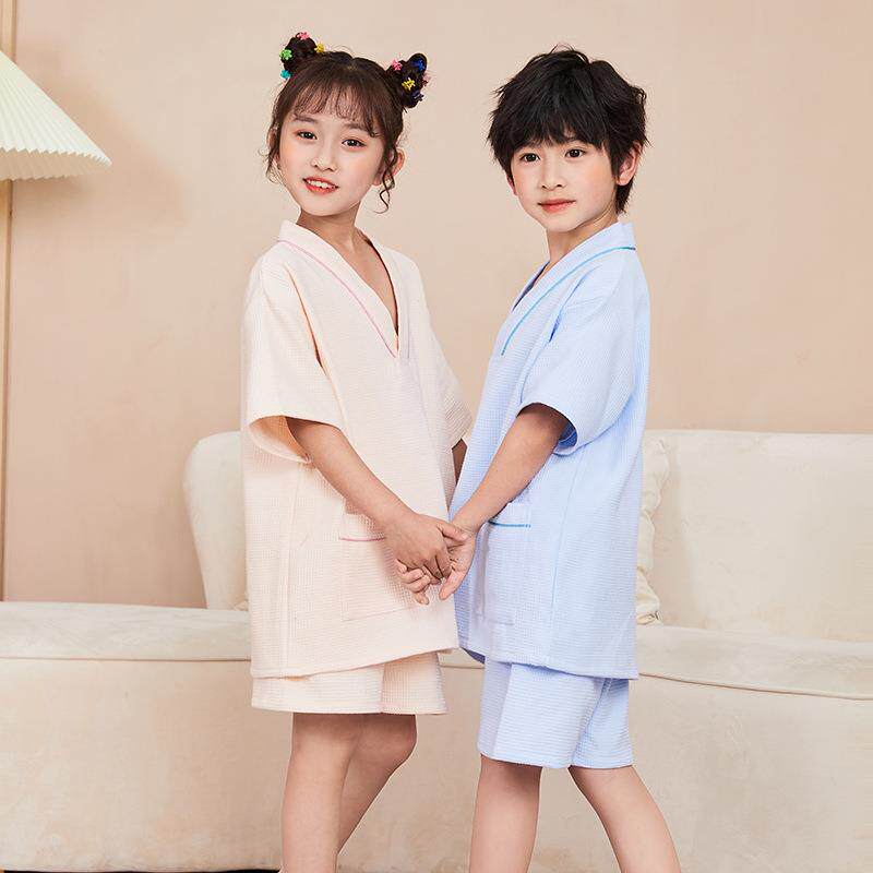 棉20258321年新款高档纯拿华夫格儿童汗浴蒸服桑服洗儿童浴衣套装