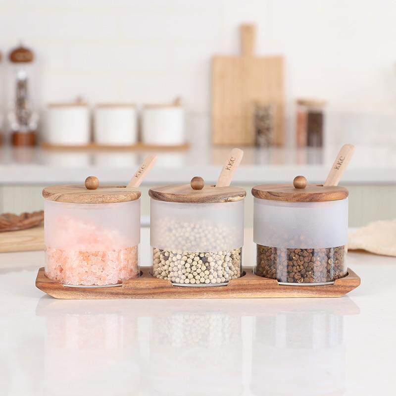 轻奢玻璃调味瓶罐三件套木制盐罐调味盒厨房用品糖罐调味罐套装
