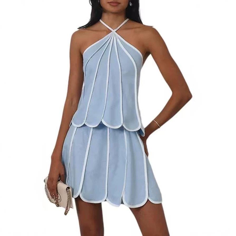 Half skirt set, women's sleeveless hanging neck top图片