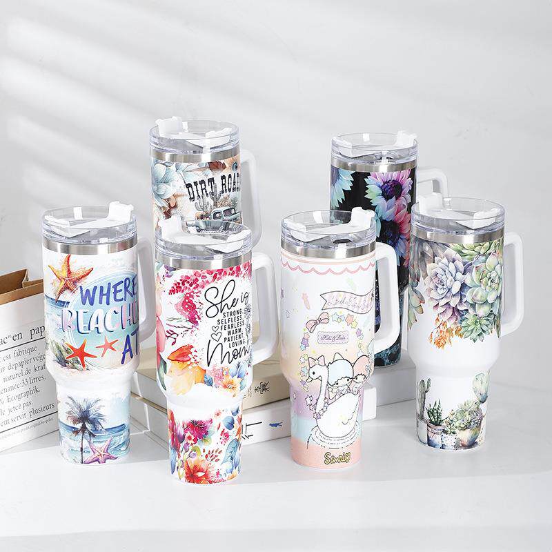 现货大容量冰霸杯40oz印花手柄杯1200ml加厚喷塑保温杯冰霸杯