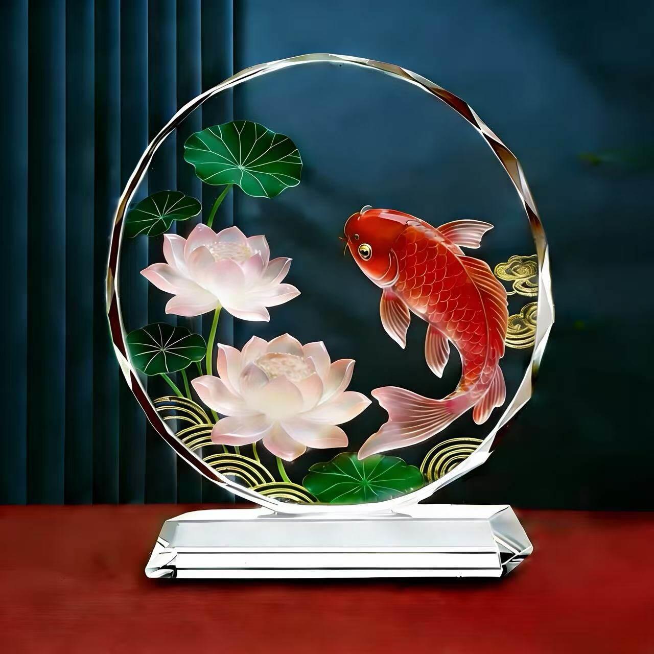 锦鲤荷花水晶摆饰客厅装饰品乔迁开业送礼聚财办公室桌面摆台国风