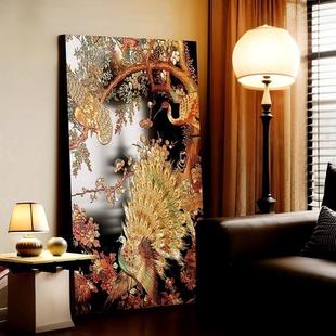 法式中国风入户玄关装饰画茶室背景实木漆画壁画卧室床尾挂画孔雀