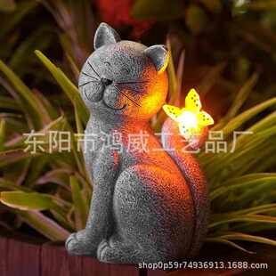 led发光超大猫咪摆件雕像新款 太阳能蝴蝶25cm花园户外庭院