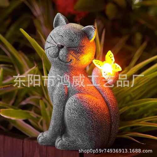 led发光超大猫咪摆件雕像新款太阳能蝴蝶25cm花园户外庭院