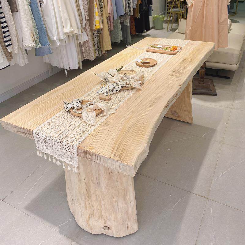 北欧全实木服装店中岛台 自然边大板展示工作流水台 原木茶桌餐桌