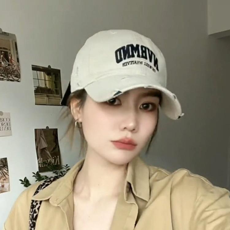 宽帽檐大帽围女士纯棉破洞棒球帽户外软顶鸭舌帽显脸小帽子春秋款