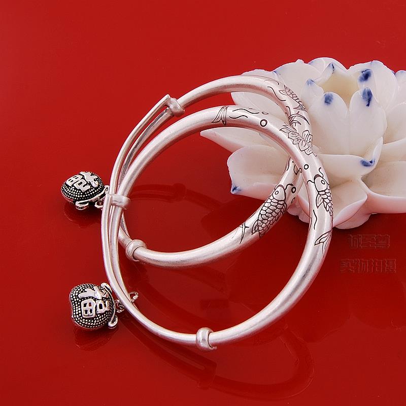 高档实心双鱼荷花足银童手镯宝宝百日礼小孩生日满月礼品物纯银儿