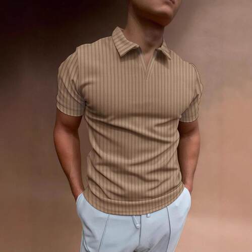 Men's polo shirt with V-neck and striped short sleeved
