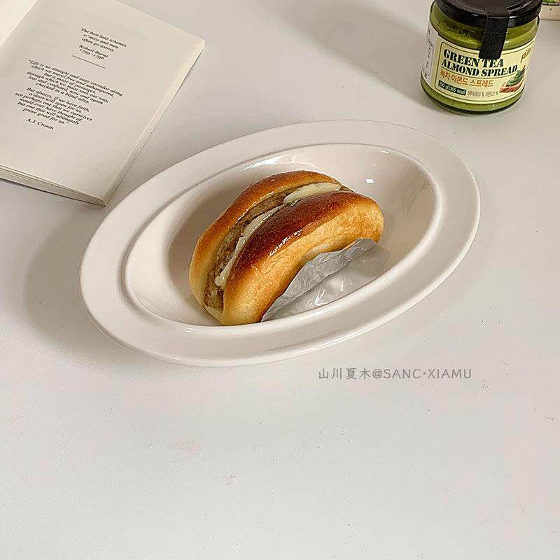 山川夏木 韩国ins风简约米白色椭圆盘一人食汤盘意面沙拉甜品盘