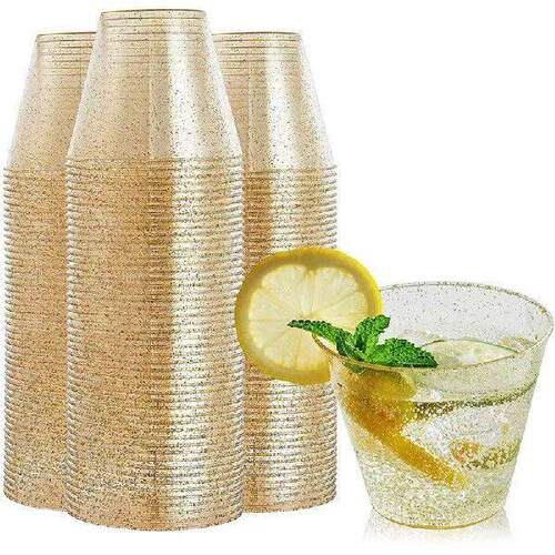 【Berserkk】Gold Plastic Cups Clear Plastic Wine Glasses,