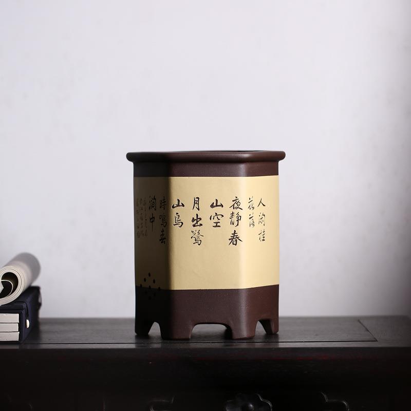 紫砂兰花盆名家蒯多辉款六角形六方形通转山水手工盆景盆觅陶乡