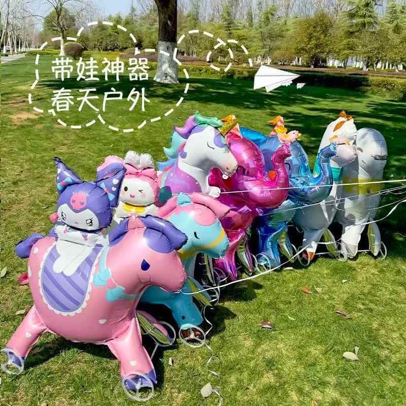 网红新款走路气球夜市摆摊儿童带轮卡通动物地摊行走恐龙老虎汽球