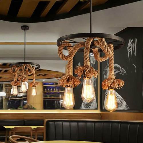 复古工业店风麻绳吊灯餐装厅酒吧绿服店理发车轮植灯87487具铁艺