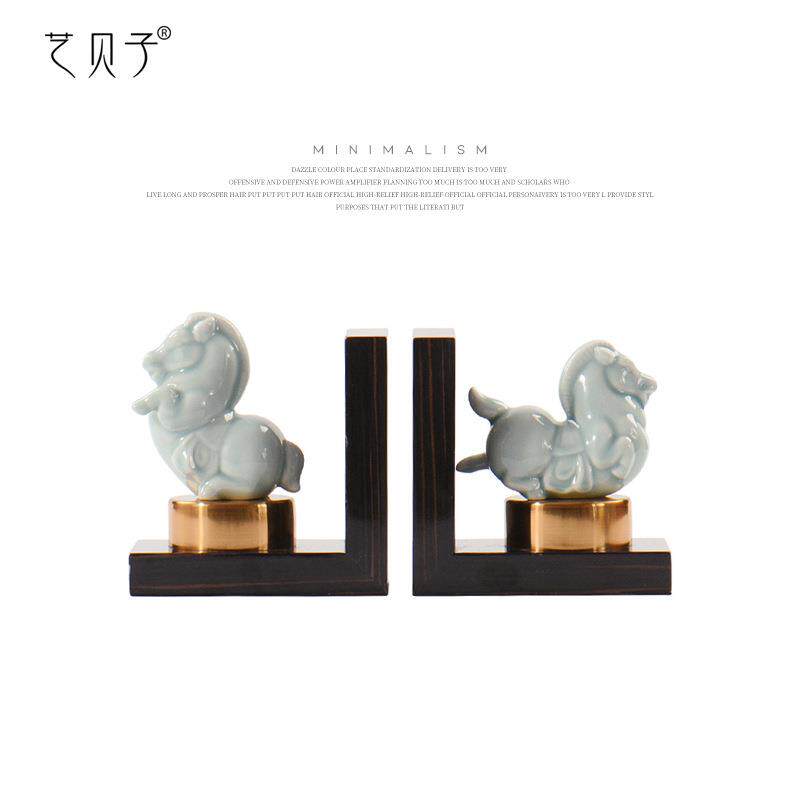 新中式玉瓷摆件书靠欧式美式新中式书房样板间艺术工艺马饰品书档