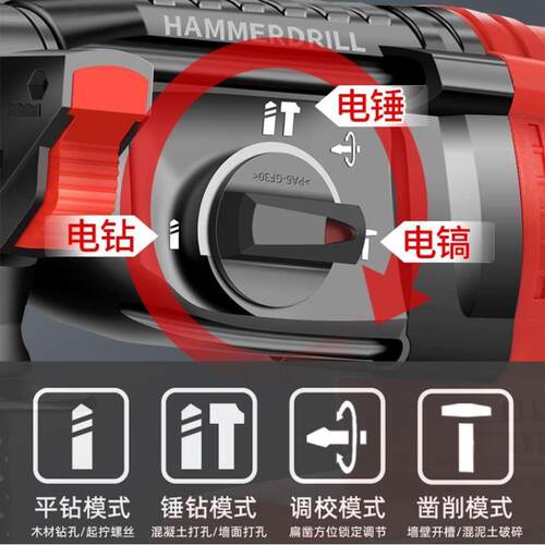 大功率无刷充电电锤锂电冲击钻混凝土电钻多功能重型家用电镐三用