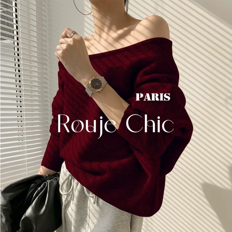 法国rouje chic法式慵懒一字肩车厘子红毛衣露肩长袖针织衫女秋