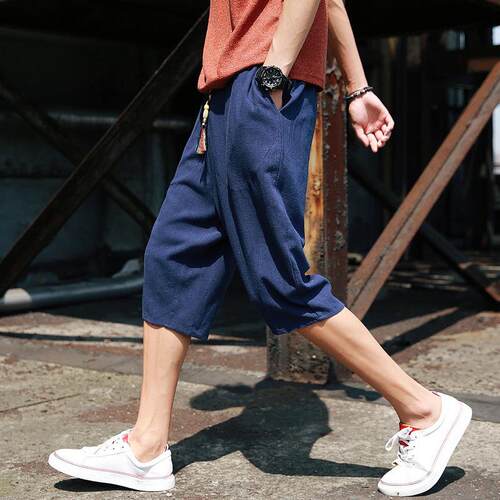 Men's mid length pants, seven point linen pants, men's