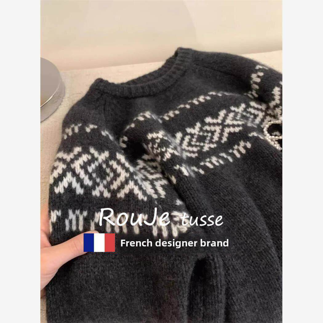 覆古深灰色提花费尔岛套头羊绒毛衣女秋冬款圣诞慵懒风羊毛针织衫