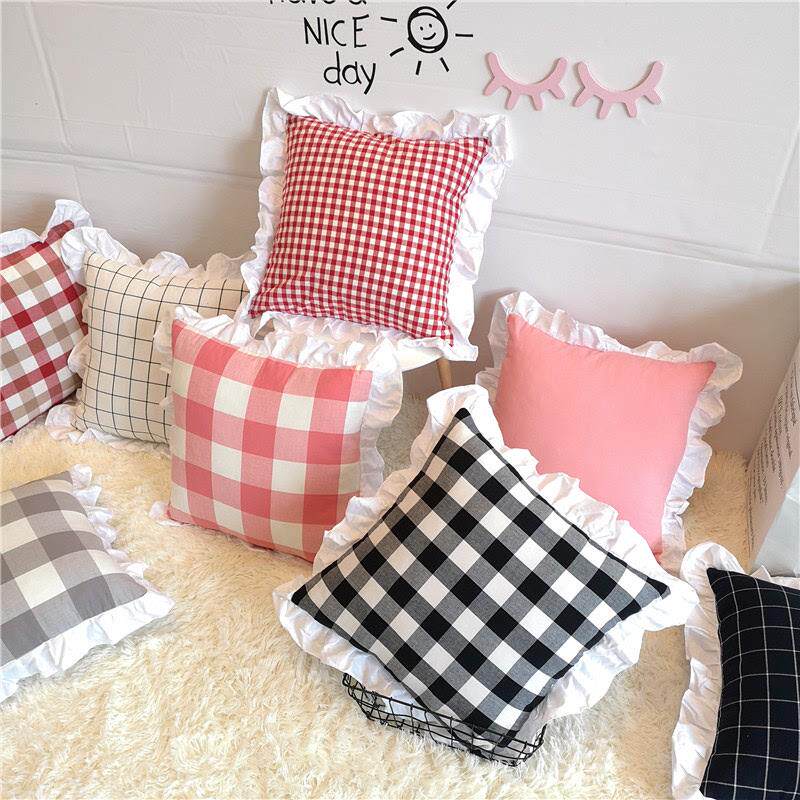 ins全棉格子花边方抱枕沙发靠垫床头方枕头可拆洗飘窗靠枕含芯