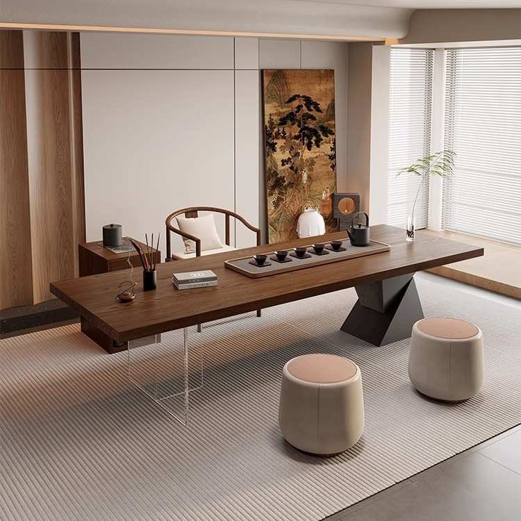 侘寂风实木大板茶桌家用客厅办公室新款茶台商务接待会客泡茶桌椅
