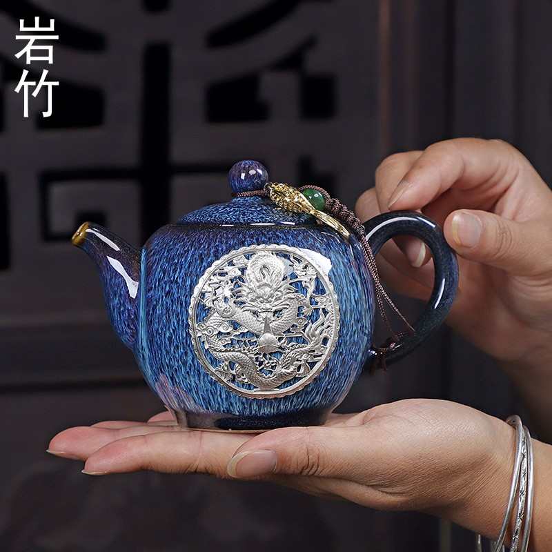 陶瓷茶壶单壶个性功夫泡茶壶单个家用中式茶具大号窑壶创意镶锡