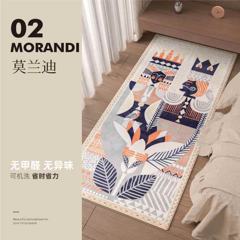 高档可机洗北欧复室床边地毯主卧长条蓝法式无胶床边毯古防滑地色
