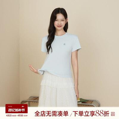 GRASS SPACE纯色短袖T恤 女装夏季休闲百搭上衣 棉质刺绣通勤风T