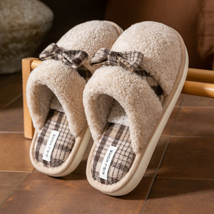 室内家居厚底保暖蝴蝶结舒适毛毛绒拖鞋 2025新款 女秋冬季 棉拖鞋