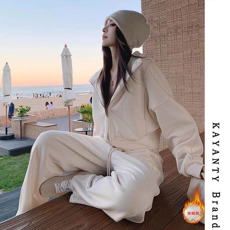 KAYANTY休闲运动套装女春秋加绒慵懒风连帽卫衣高腰阔腿裤两件套