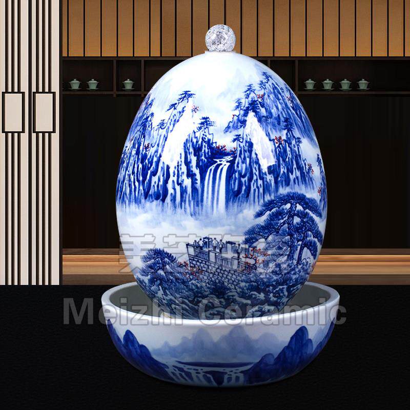 青花瓷山水流水摆件循环水景观造景陶罐加湿器花瓶水系缸乔迁礼品