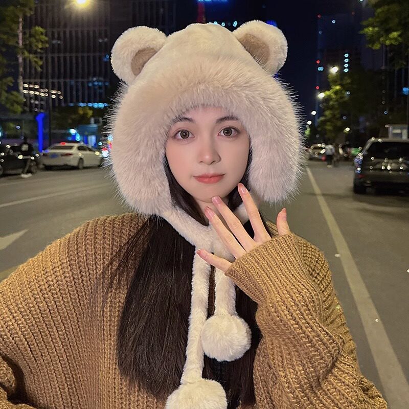 小熊套头貂绒保暖防风绑带帽子