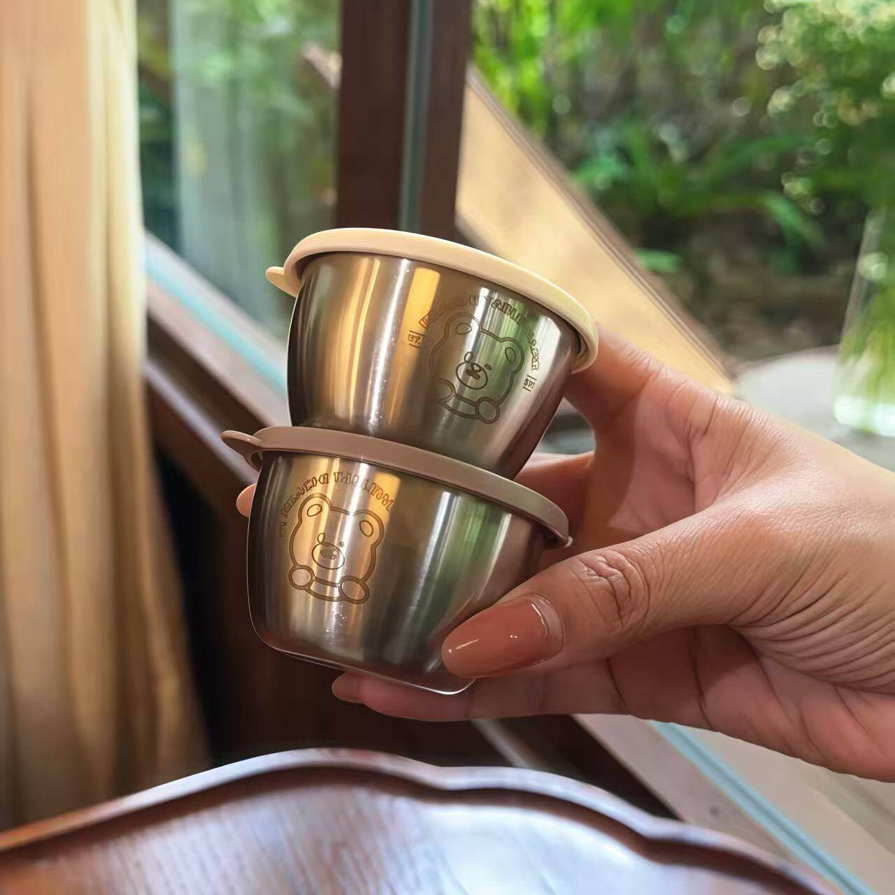 小熊不锈钢蘸料杯上班族迷你便携带盖减脂餐沙拉酱蘸料碟调味盒子