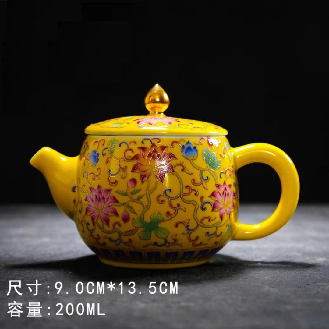 珐瑯彩大号泡茶壶陶瓷干泡盘茶具套组 家用小单壶覆古泡茶器