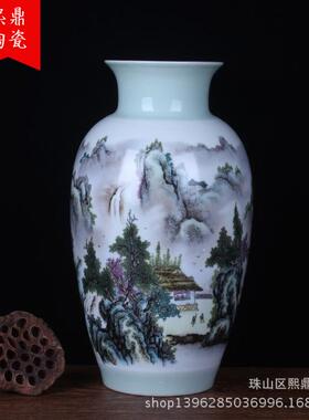 德镇手绘粉彩仿古山水画01534陶瓷花瓶家古典居客玄装关饰摆件工