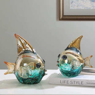 轻奢简约水晶琉璃鱼摆件客厅电视柜卧室玄关样板房玻璃装饰品摆设