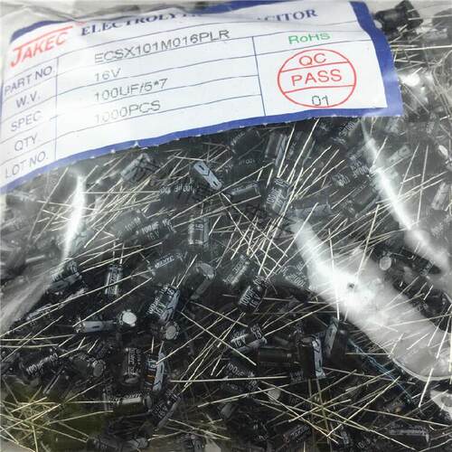 JAKEC全新铝电解电容 100UF/16V 体积5*7mm 一包1000只=32元