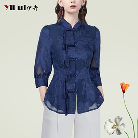 雪纺衫女七分袖衬衫，复古中袖衬衣中式盘扣立领，上衣中国风2024夏季