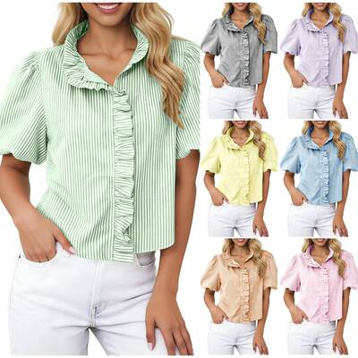 Vintage Striped Stand Collar Top with Ruffle Short Sleeves