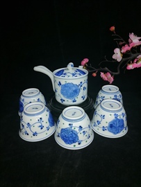 日本进口 其泉 手绘青花茶具套 侧把壶 小鸟摘 缠之莲 茶杯茶壶